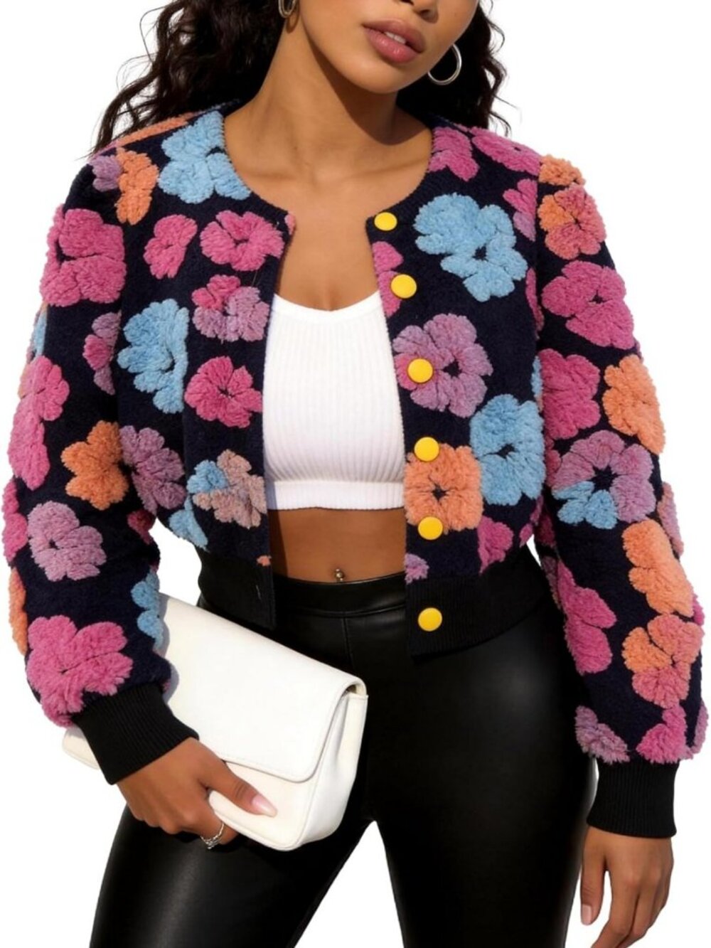 Floral Print Cropped Bomber Jacket for Women | Warm Fleece Outwear Coat